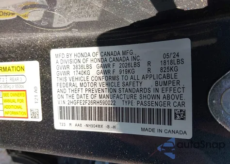 2024 Honda Civic Lx z USA, uszkodzony, nr VIN 2HGFE2F26RH590022